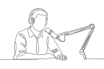 Minimalist line art of a person recording audio with a microphone