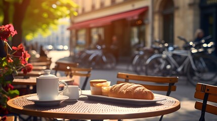 Cafe breakfast croissant coffee paris street european cafe outdoor seating morning sunlight restaurant scene