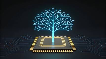 Fototapeta premium Neon blue circuit tree on computer chip technology 1
