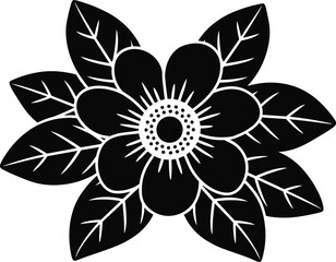 Black Silhouette Flower with Leaves on White Background floral