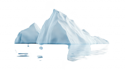 A serene and majestic iceberg floating on calm waters. reflecting its stunning icy contours. with a bright white background emphasizing its natural beauty. ideal for nature and environmental themes