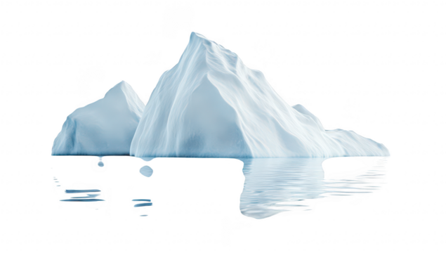 A serene and majestic iceberg floating on calm waters. reflecting its stunning icy contours. with a bright white background emphasizing its natural beauty. ideal for nature and environmental themes