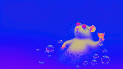 white rat chilling in a pool with a drink and sunglasses, chinese horoscope animal symbol of the year