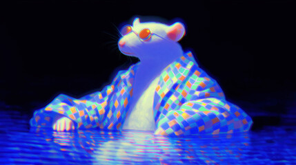 cool white rat in a robe sitting in water, chinese horoscope animal symbol of the year