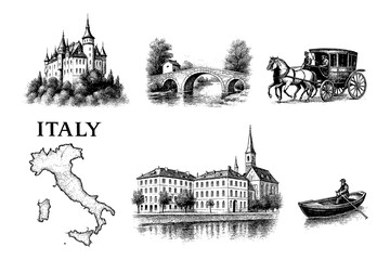 Vintage European landmarks collage with cathedrals castles gondola map and old houses, Transparent Background © FriskySloths