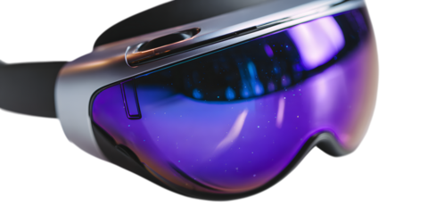 Close up of a modern ski goggle with purple mirrored lens
