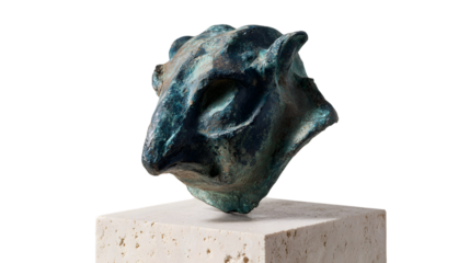 Abstract bronze sculpture of a humanoid head with patina