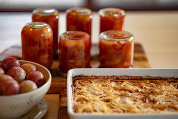 Fresh plumbs, plumb jam and plumb dessert from the oven