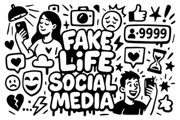 Fake life social media graffiti cartoon with sad face, masks, phone and bold text, Transparent Background