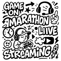 Marathon streaming graffiti cartoon with headphones, video icons, snacks and bold text, Transparent Background