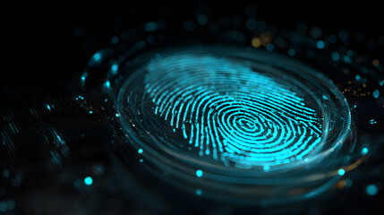 digital fingerprint glowing on holographic interface showing futuristic cybersecurity network in high tech visualization