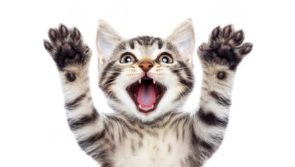 A playful kitten with raised paws and an open mouth. expressing joy and excitement. set against a clean white background. ideal for pet-related content and cheerful imagery