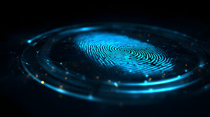 digital fingerprint glowing on holographic interface showing futuristic cybersecurity network in high tech visualization