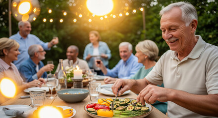 Happy senior friends enjoying a festive outdoor dinner party in a beautiful garden, celebrating retirement and friendship together