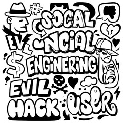 Social engineering doodle icons with scam hackers and cyber security symbols, Transparent Background