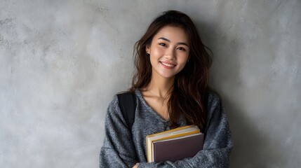Young female student smiles while holding books against a textured wall