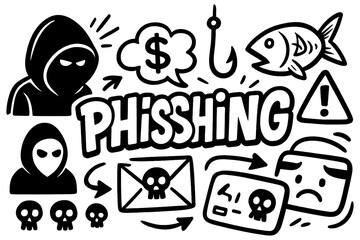 Phishing doodle icons set with cyber crime and hacking symbols, Transparent Background