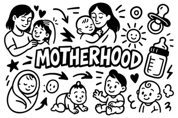 Motherhood doodle icons set with baby and family care symbols, Transparent Background