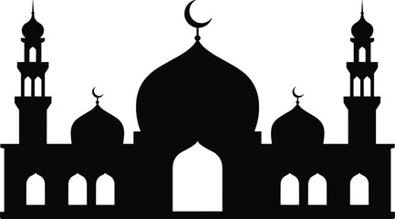Black silhouette of a mosque with domes and minarets on a white background islam islamic