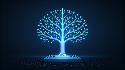 Neon blue circuit tree with glowing nodes on dark background