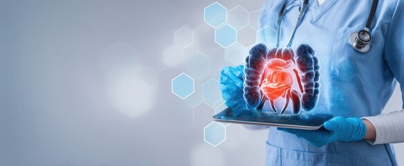 The Colon Hologram Displayed on Tablet Held by Doctor for Diagnostic Visualization