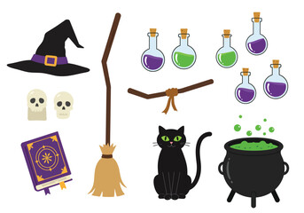 Vector art of a whimsical Halloween scene featuring a witches' hat, black cats, a bat, a pumpkin, potion bottles, spellbooks, a cauldron, a broom, scissors, and a ghost, all set against a clean white 