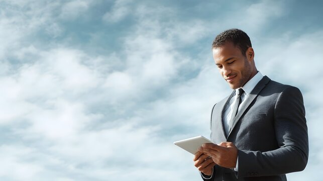 Smiling businessman in a suit using a tablet outdoors against a cloudy sky - Powered by Adobe
