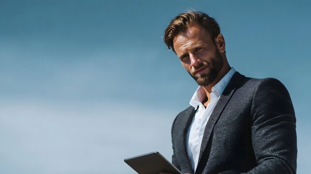 A professional businessman in a suit holds a tablet outdoors against a clear blue sky - Powered by Adobe