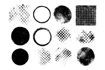 Grunge circle textures set with distressed stamp and halftone effect, Transparent Background