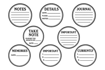 Circular note labels set with journal and reminder text templates, Transparent Background