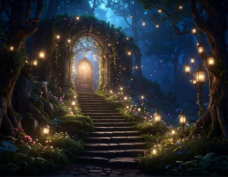 Enchanting stone stairway ascends to an arched doorway nestled within a mystical, moonlit forest, illuminated by glowing lanterns and blossoms - Powered by Adobe