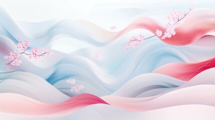 Abstract pastel pink and blue waves with cherry blossoms.