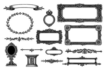 Ornamental vintage frames and decorative border elements set, Transparent Background