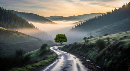 Winding road through misty mountain pass, solitary tree illuminated by the sunrise glow