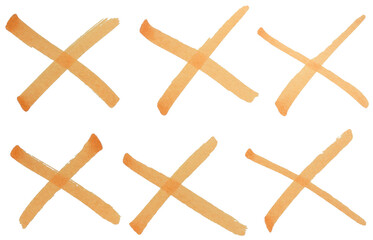 Hand drawn orange cross marks set with marker brush strokes, abstract ink X symbols collection for wrong choice, error, cancel, rejection, doodle sketch isolated simple signs on transparent background