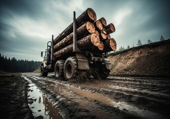 A heavyduty logging truck loaded with timber driving through a muddy, rutted forest road