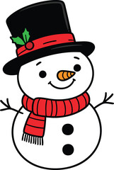 A colorful illustration of an adorable snowman wearing a black hat and scarf isolated on a white background