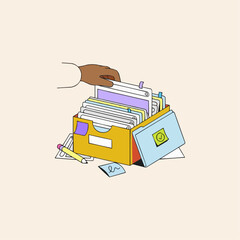 Organized records concept showing hand sorting files in cabinet, showcasing efficiency and productivity in document management, a scalable vector graphic