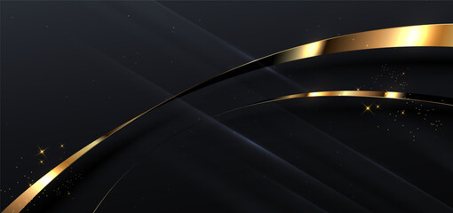 3D gold curved dark and gold ribbon on black background with lighting effec and space for text. Luxury design style.