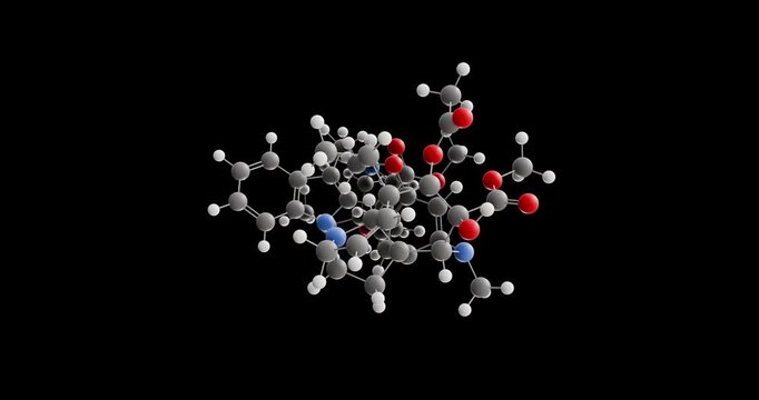Vinblastine molecule, rotating 3D model of antineoplastic agents, looped video on a black background

