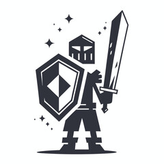 Dark knight protects himself holding shield and broadsword amidst magical stars illustration