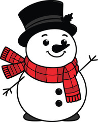 A colorful illustration of an adorable snowman wearing a black hat and scarf isolated on a white background