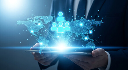 Man holding a tablet with a digital world map and people icons, representing global network and connection