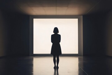 Obraz premium Businesswoman silhouette looking at bright light panel in dark minimalist room, concept of business vision, future and innovation