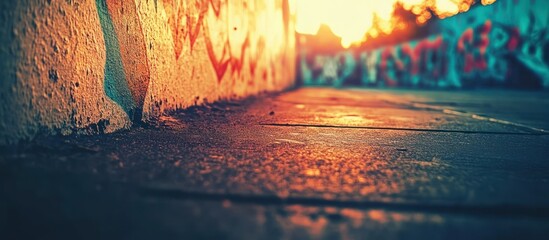 Low angle view of sunlit graffiti on concrete walls, wet surface glistens