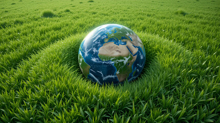 Earth globe with a blanket of soft, emerald green grass surrounding it, lawn, grassy, environment
