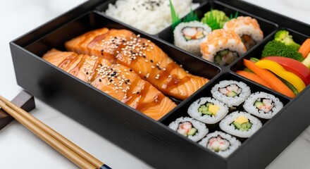 Delicious Salmon Teriyaki and Sushi Bento Box Lunch.