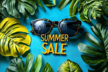 Stylish Sunglasses Surrounded by Tropical Leaves for Summer Sale