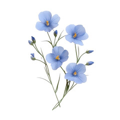 Fototapeta premium A delicate arrangement of blue flax flowers with soft petals and green stems. elegantly positioned on a clean white background. perfect for nature-themed designs and floral decorations
