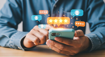 Customer experience concept, man using mobile phone with star rating feedback icon for service evaluation and satisfaction